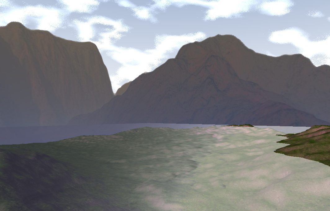 Procedural terrain, water and scattered meshes